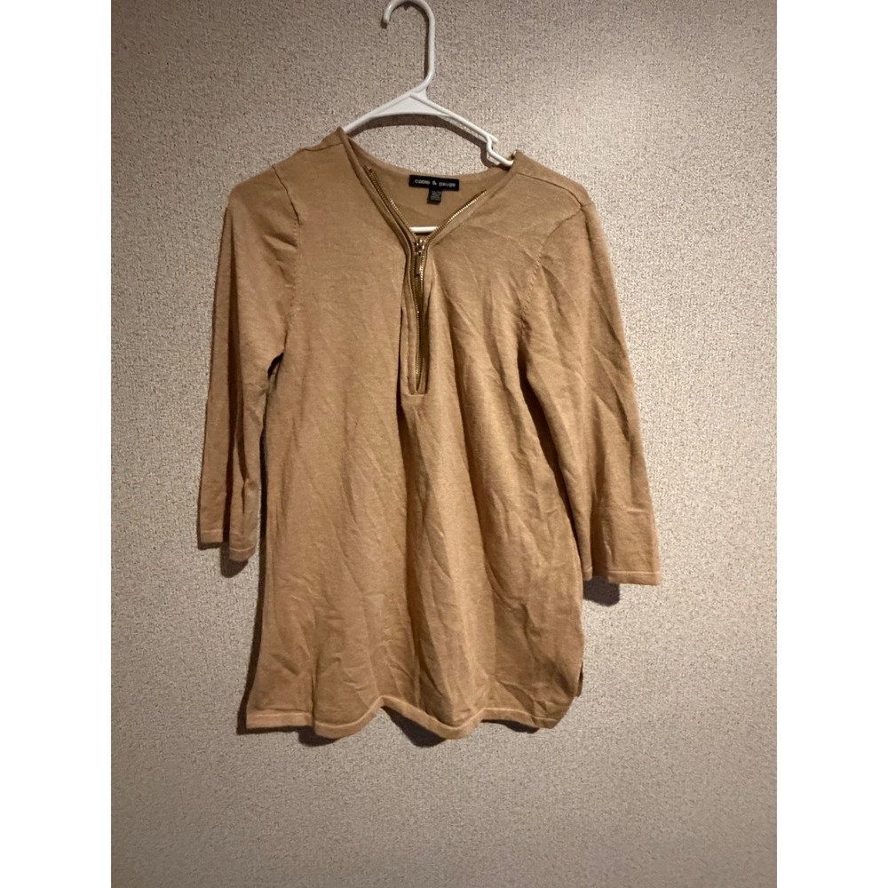 Cable & Gauge Tan Half Zip 3/4 Sleeve Knit Sweater Top XL Camel Gold Zipper